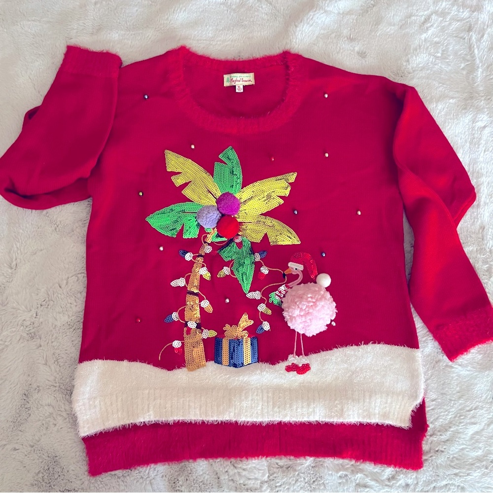 🎄Christmas Sweater with tropical island palm tree 🌴 and flamingo 🦩 design